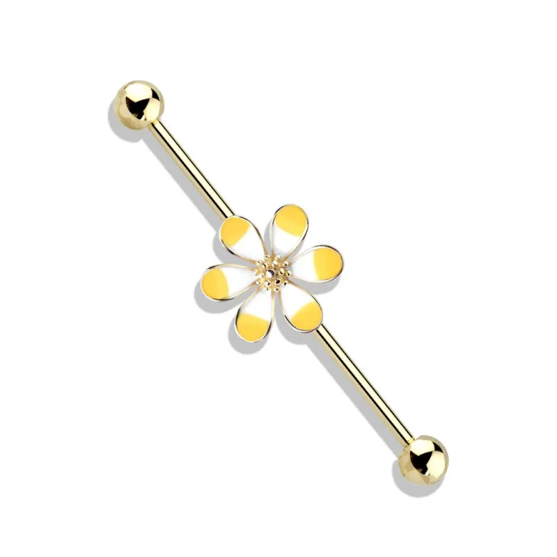 Piercing industriel oreille plaqué or fleur bicolore jaune