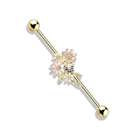 Piercing industriel oreille bouquet de fleurs plaqué or