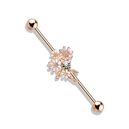 Piercing industriel oreille bouquet de fleurs plaqué or rose