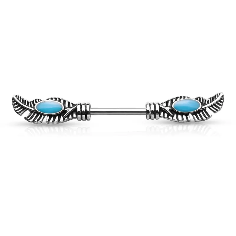 Piercing téton tribal plumes et turquoise