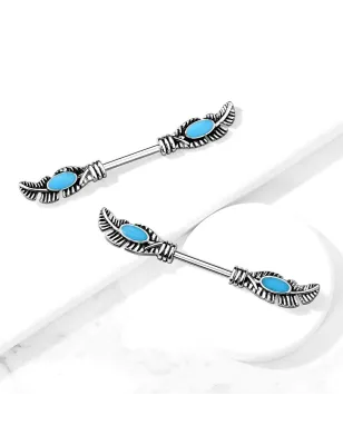 Piercing téton tribal plumes et turquoise