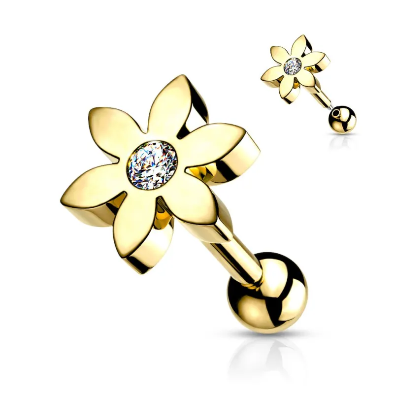 Piercing oreille cartilage hélix doré fleur avec strass