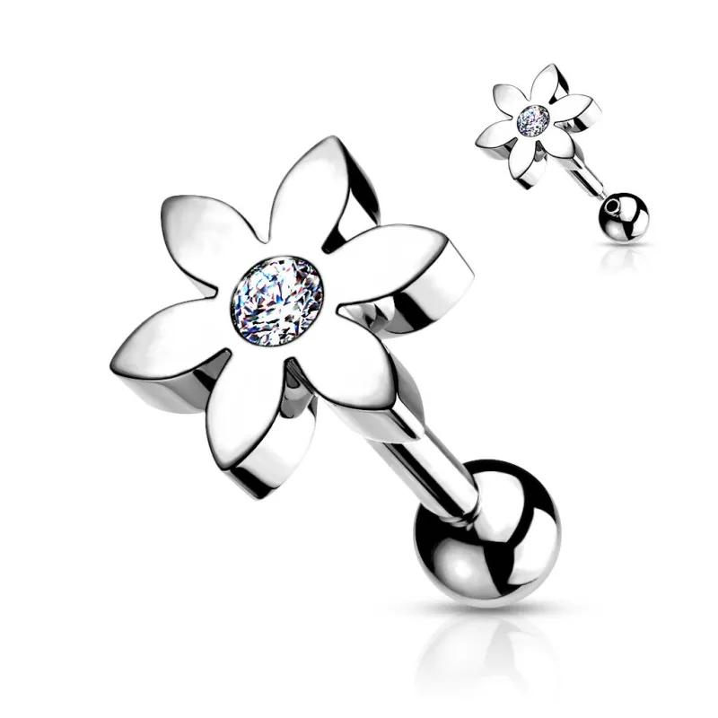 Piercing oreille cartilage hélix argenté fleur avec strass