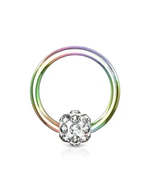 Piercing anneau Captif multicolore boule à cristaux blanc