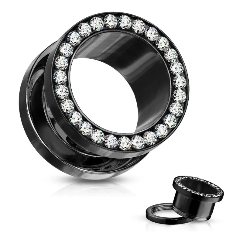 Piercing tunnel acier noir bordure strass