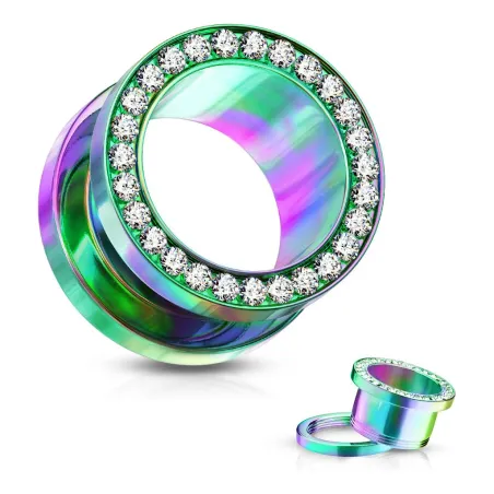 Piercing tunnel acier multicolore bordure strass