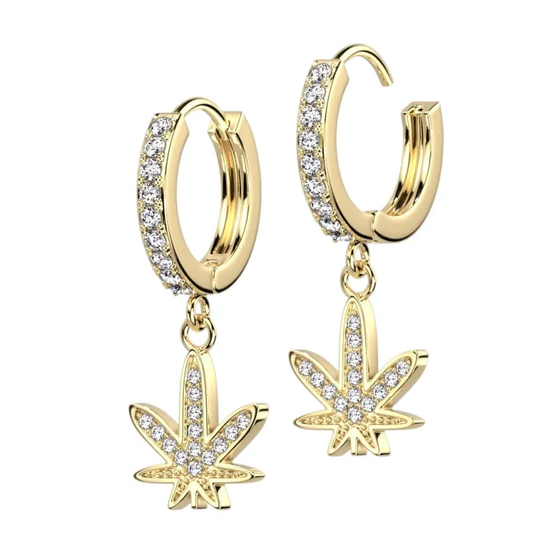 Paire boucles d'oreille anneaux plaqué or feuille cannabis strass