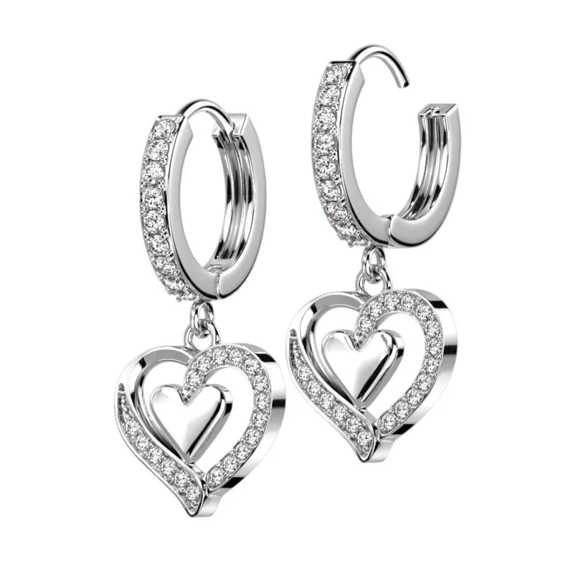 Paire boucles d'oreille anneaux plaqué platine coeurs strass