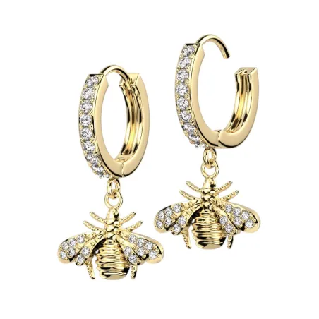 Paire boucles d'oreille anneaux plaqué or abeille strass