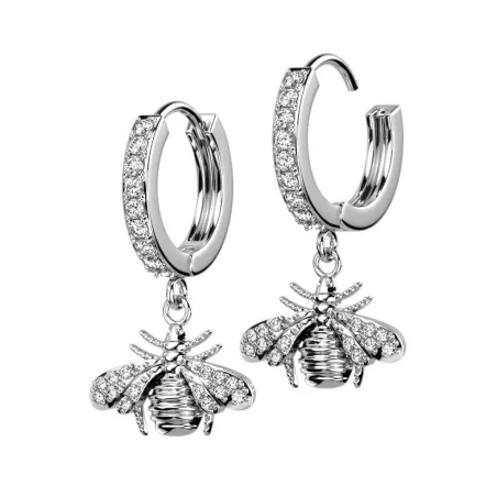 Paire boucles d'oreille anneaux plaqué platine abeille strass