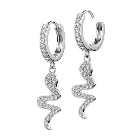 Paire boucles d'oreille anneaux plaqué platine serpent strass