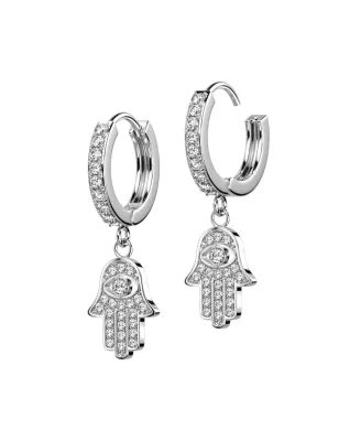 Paire boucles d'oreille anneaux plaqué platine main de fatma strass