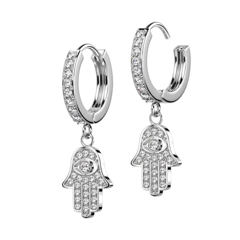 Paire boucles d'oreille anneaux plaqué platine main de fatma strass