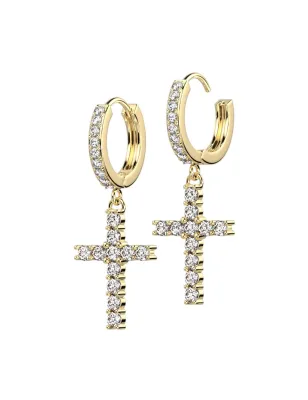 Paire boucles d'oreille anneaux plaqué or croix strass