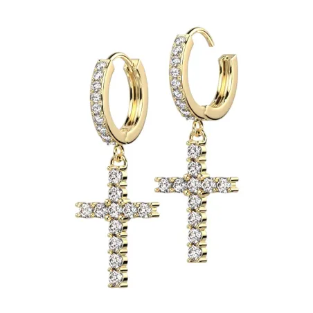 Paire boucles d'oreille anneaux plaqué or croix strass