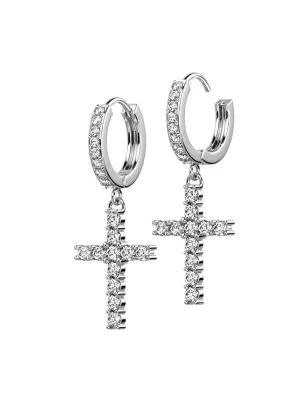 Paire boucles d'oreille anneaux plaqué platine croix strass