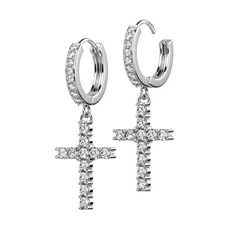 Paire boucles d'oreille anneaux plaqué platine croix strass