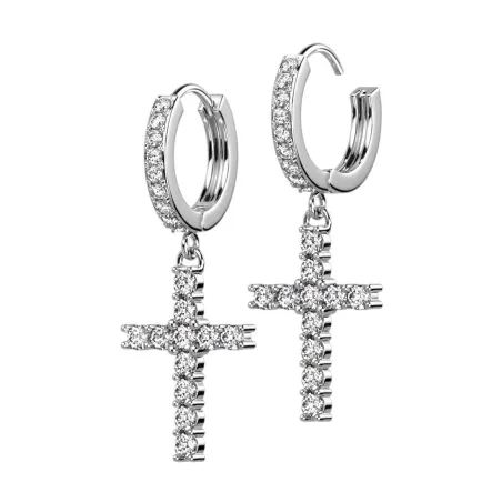 Paire boucles d'oreille anneaux plaqué platine croix strass