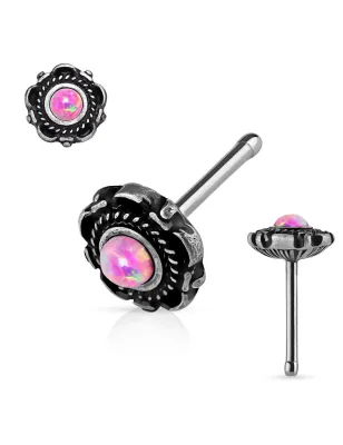 Piercing nez tige droite motif floral opale rose