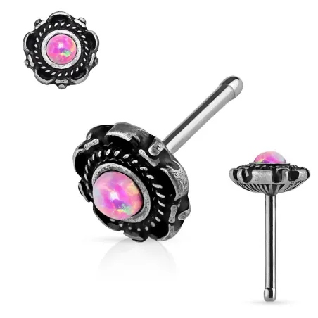 Piercing nez tige droite motif floral opale rose