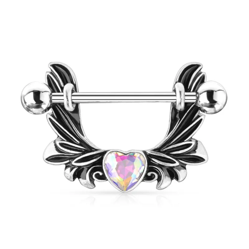 Piercing téton pendentif ailes d'ange coeur aurore boréale