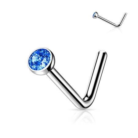 Piercing nez tige en L strass bleu Titane G23