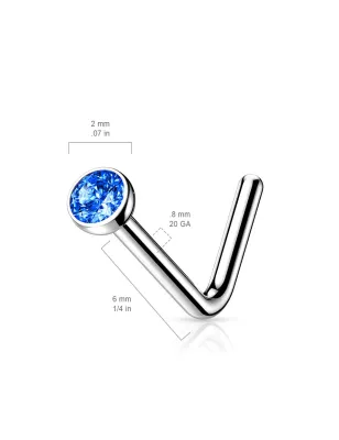 Piercing nez tige en L strass bleu Titane G23