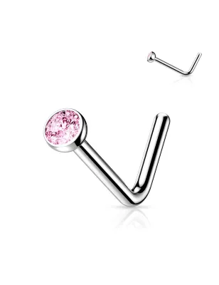 Piercing nez tige en L strass rose Titane G23