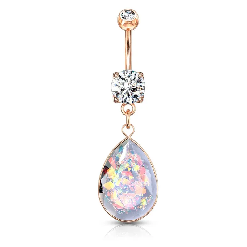 Piercing nombril plaqué or rose pendentif opalite multicolore