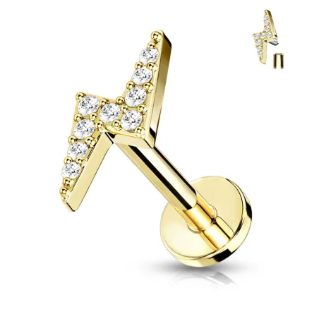 Piercing labret oreille éclair pavé de strass acier doré