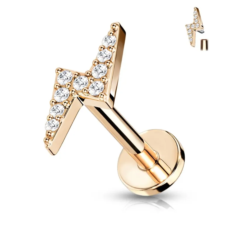 Piercing labret oreille éclair pavé de strass acier rosé