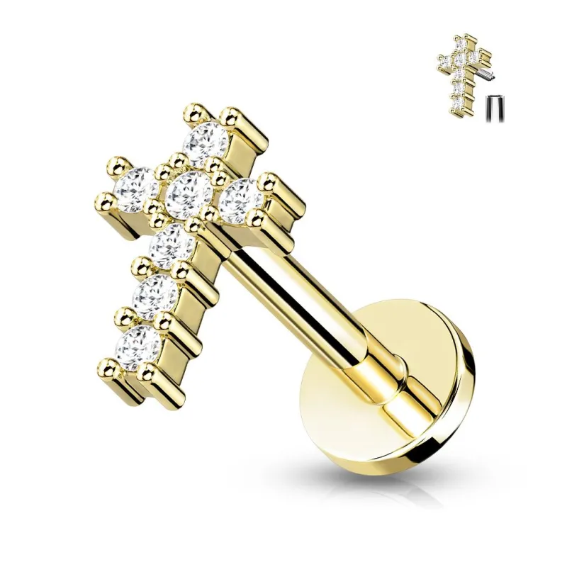 Piercing labret oreille croix pavée de strass acier doré