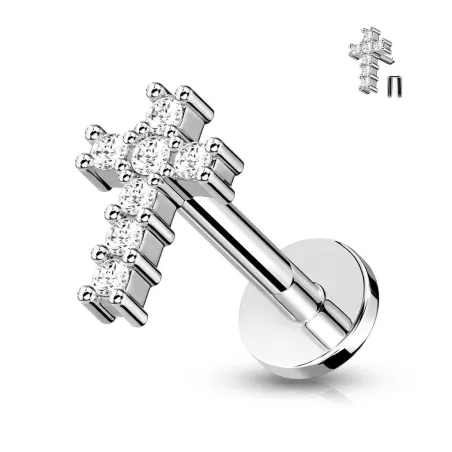 Piercing labret oreille croix pavée de strass acier chirurgical