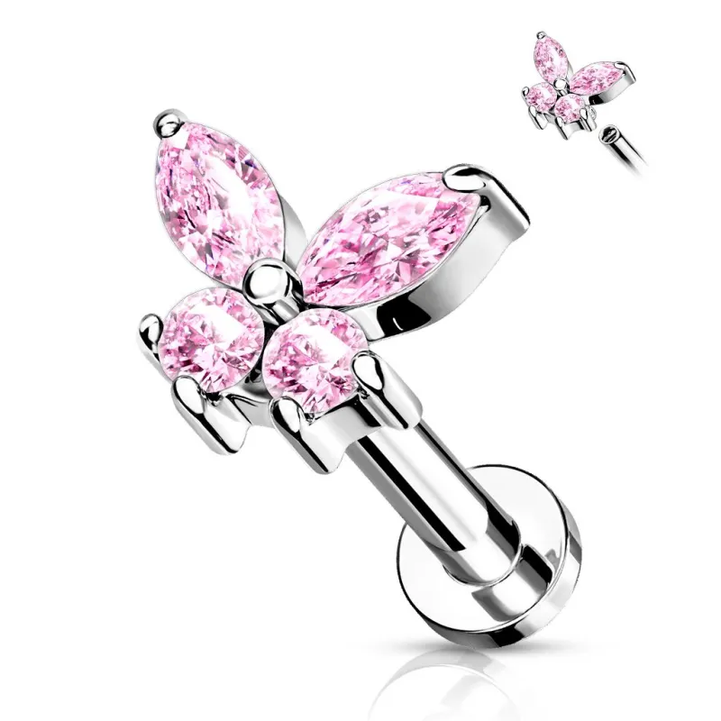 Piercing oreille labret papillon strass rose