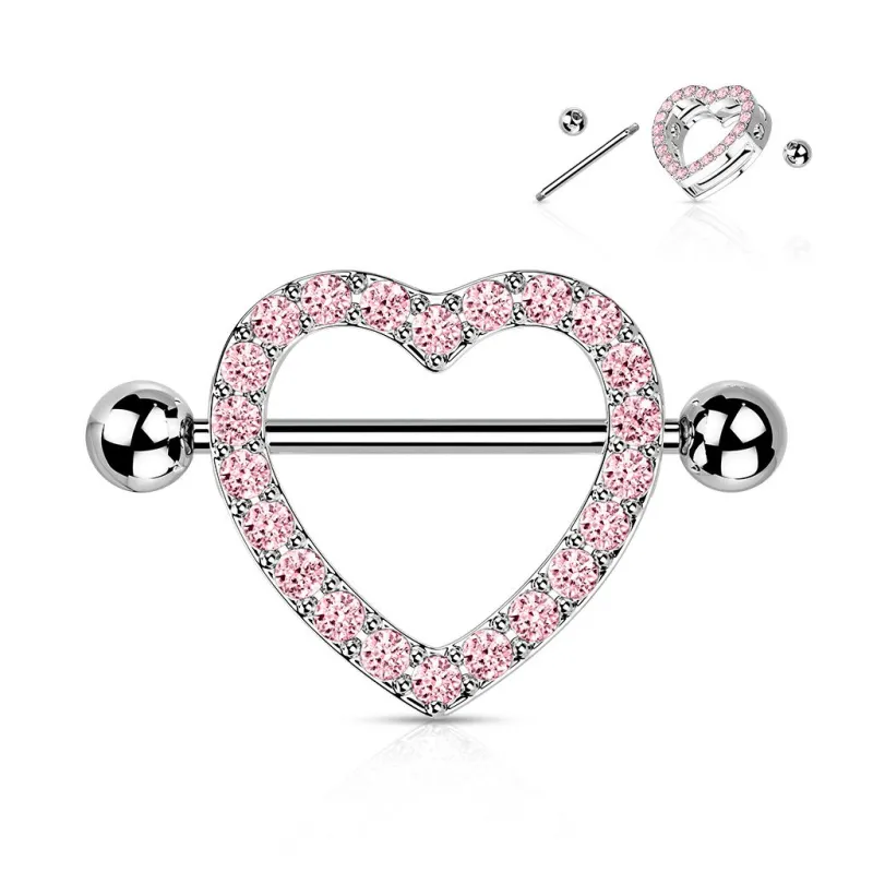 Piercing Téton Bouclier Cœur avec Gemmes roses