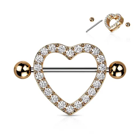 Piercing Téton Bouclier Cœur Or Rose Gemmes Blancs