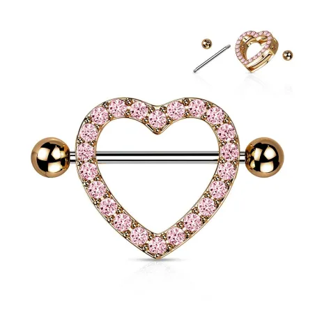 Piercing Téton Bouclier Cœur Or Rose Gemmes Roses