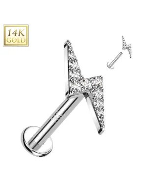 Piercing labret oreille or blanc 14 carats vissage interne éclair