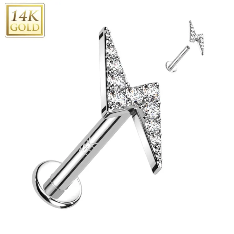 Piercing labret oreille or blanc 14 carats vissage interne éclair