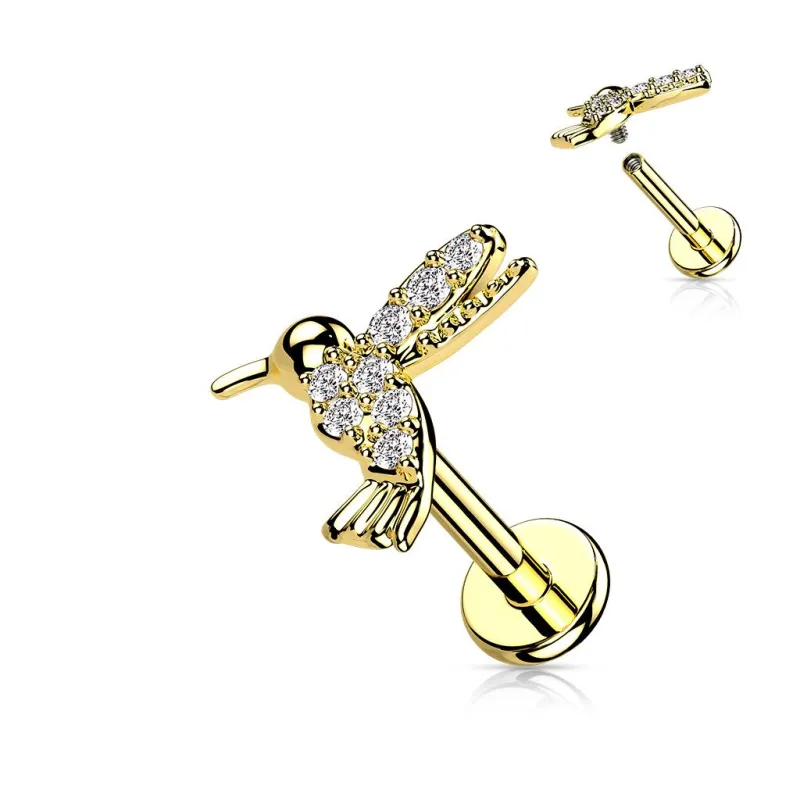 Piercing labret oreille doré colibri pavé de strass