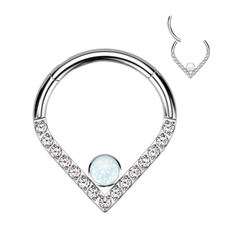 Piercing oreille anneau segment titane chevron pavé strass opalite