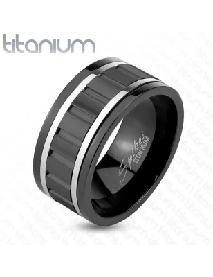 Bague homme titane noir centre tournant rainuré