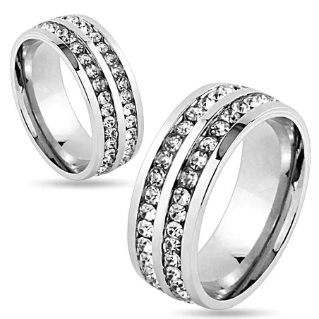 Bague couple en acier double lignes de strass