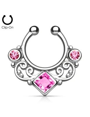 Faux piercing septum tourbillon strass rose