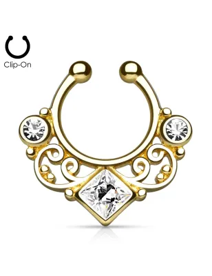 Faux piercing septum tourbillon doré strass blanc