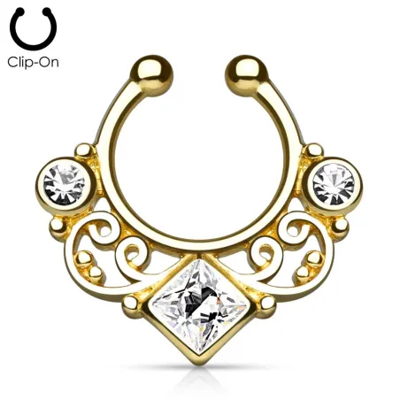 Faux piercing septum tourbillon doré strass blanc