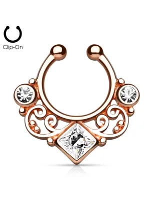 Faux piercing septum tourbillon rosé strass blanc