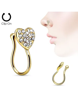 Faux piercing de nez clipsable coeur gemmes doré