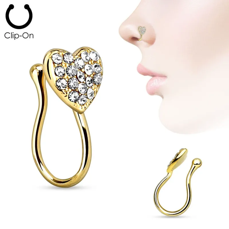 Faux piercing de nez clipsable coeur gemmes doré