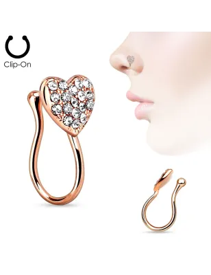 Faux piercing de nez clipsable coeur gemmes rosé